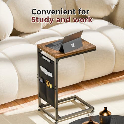 Simple Trending C Shaped End Table, Side Table TV Trays Set of 2 with Fabric Storage Bag, Couch Sofa Table for Living Room, Rustic Brown - size: Long Table Top Two-piece Set With Storage Bag