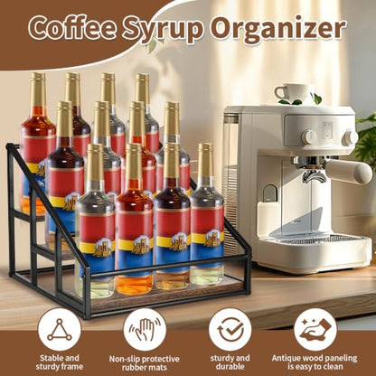 YQBRAO 3-Tier Coffee Syrup Organizer, 12-Bottle Rack, Rustic Brown | Holds up to 12 bottles with stepped visibility and a compact footprint for coffee bars, kitchens, and syrup stations. - size: 3 Tier 12 Bottle Syrup Rack - 1 Pack