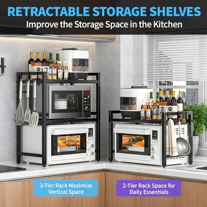 Microwave Oven Rack, 2-Tier Heavy Duty Adjustable Shelf Microwave Stand, Expandable Kitchen Countertop Shelf Organizer with 6 Hooks, 110lbs Weight Capacity for kitchen organizers and storage, Black - size: Adjustable 2 Tier