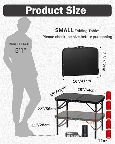 LOFTEY 2025 Reinforced Small Folding Table Portable, Small Foldable Camping Table, Heavy-Duty Mini Folding | 2 Adjustable Height | Lightweight Aluminum with Handle | 25" x 16" x 22", Black - color: Black-v