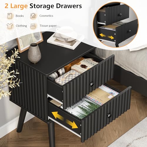 Wooden Nightstand with 2 Drawers, Fluted Night Stand Set of 2, Morden Side Table for Bedroom, Living Room and Small Space, Black