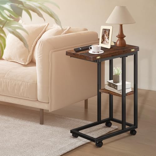 Foldable Small Side Table - C Shaped Couch End Table with Storage Shelf and Wheels, Expandable Wooden Snack Tray Table for Living Room Bedroom Sofa Bedside Chair Small Spaces Rustic Brown