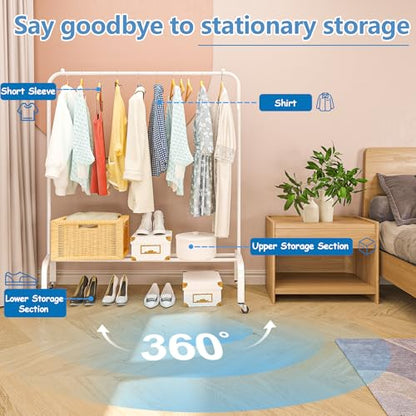 Metal Clothing Rack with Wheels, 43.3 Inches Rolling Clothes Garment Coat Rack with Bottom Shelf, Clothing Rack for Hanging Clothes, Coats, Skirts, Shirts, Sweaters, White - color: White, size: 43.3"W x 15.75"D x 61"H with wheels