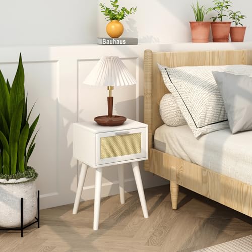 LAATOOREE Table, Nightstand Set of 2 - Small End Table with Rattan Door, Boho Style for Bedroom Living Room - White - color: White, style: Boho Style