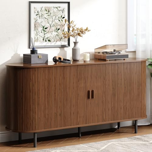 Buffet Cabinet with Storage, Fluted Sideboard Buffet with Sliding Door, Coffee Bar Cabinet with Adjustable Shelf, Console Table, Accent Table for Entryway, Kitchen (Walnut, 63 Inch) - color: Walnut, size: 63 Inch