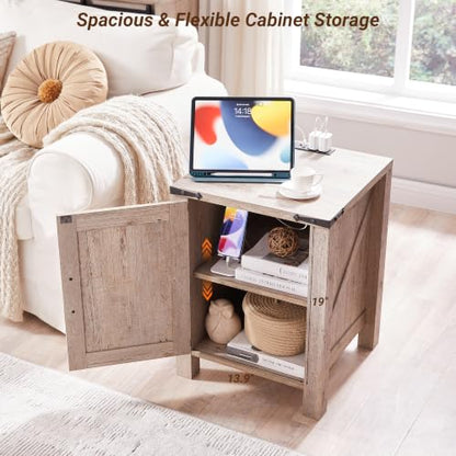 OKD 18" Farmhouse End Table Set of 2, Light Rustic Oak | Rustic Nightstand, Charging Station, Barn Door, Adjustable Storage Shelf, Wood Sofa Side Table, Living Room, Bedroom - color: Light Rustic Oak