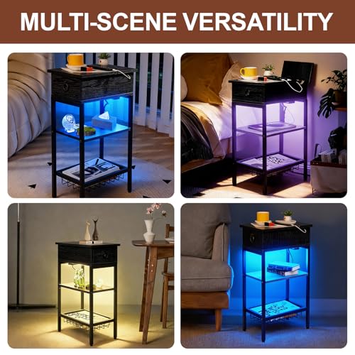 Narrow Nightstand with LED Light, Black End Tables with Charging Station, LED Side Table Living Room with Drawer Storage, Small Bedside Table with Ports and Outlets for Gaming Room - color: Classic Black With Light, style: Modern