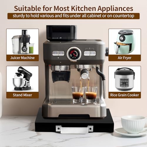 Wood Appliance Slider with Rolling Wheels - Coffee Maker Stand for Kitchen Counter Organization - Fits Air Fryer, Mixer, Toaster - Smooth Glide Tray - color: Black