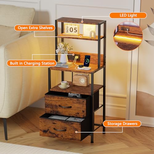 Furnulem Night Stand, Tall Nightstand with 4-Tier Shelves, 2 Fabric Drawers and LED Lights, Bed Side Tables with Charging Station, Bedside Table for Bedroom, Office, Rustic Brown - color: Rustic Brown, size: 2 Drawer