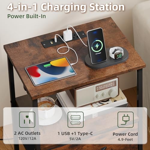 Somdot Nightstands Set of 2 with 3 Drawers, Charging Station & LED Light | Open-Shelf End Tables for Bedside, Small Spaces, Bedroom, Entryway and Hallway, Brown - color: Brown, size: 11.8"D x 15.7"W x 28.3"H (3 Drawers)