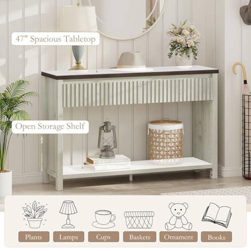 BON AUGURE 47In Entryway Table with Drawers, Sofa Tables with Storage | Console Tables for Entryway, Two-Tier Narrow Hallway Tables, Modern Fluted Panel, Walnut and Washed Grey Oak - color: Walnut & Washed Grey