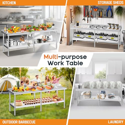 Jocisland 30" x 96" Stainless Steel Table for Prep & Work, Food-Grade Stainless Steel with Backsplash, Adjustable Under Shelf & Safe Design for Restaurant, Home and Outdoor - size: 30x96 in, style: With Hooks& Backsplash