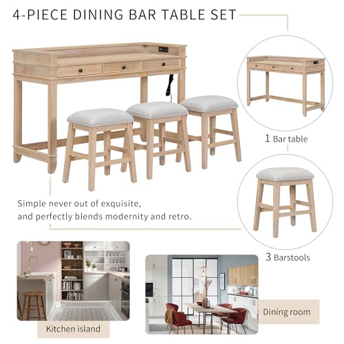 4-piece Dining Bar Table Set with 3 Upholstered Stools, Rubber Wood Counter Height Multifunctional Dining Table with 3 Drawers and USB Port, Side Table with Footrest Pub Kitchen Set (Natural-N2) - color: Natural-n2