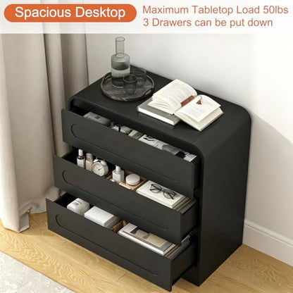 32" Large Night stand, 3 Drawer Nightstand with Spacious Drawers | Pre-Installed Slides, Wood Bedside Table, Modern End Table, Curved Nightstand for Bedroom Sofa Couch Office, Black - color: Black, size: 3 Drawer