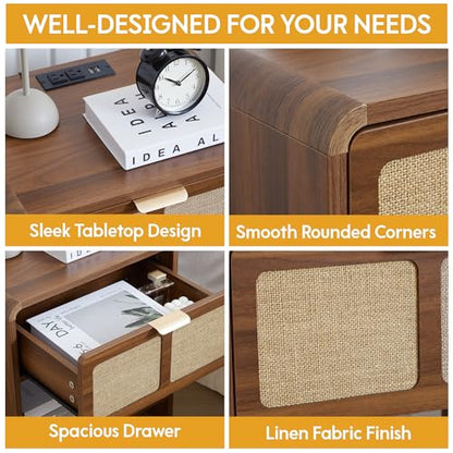 LEVNARY Compact Nightstand Set of 2, Mid-Century Modern Bedside Table with Charging Station and Fabric-Like Textured Drawer, Wooden Small End Table for Farmhouse Bedroom Living Room (2, Walnut) - color: Walnut–linen Drawer Front, size: 2-Pack