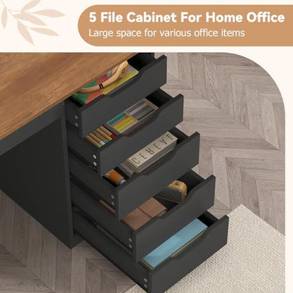 YOMILUVE 47 Inch Computer Desk with 5 Drawers and Power Outlets, Home Office Desks with Storage File Cabinet, Modern Simple Laptop Desk Writing Table for Small Spaces, Brown and Black - color: Brown and Black