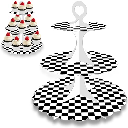 Racing Cupcake Stand 2-Pack - 3-Tier Black White Checkered Dessert Tower for Car Birthday Party, Race Theme Decorations, Baby Shower, Graduation Party, Easy 60s Assembly - color: Black White