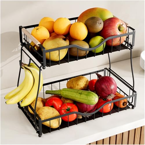 2 Tier Fruit Basket for Kitchen Countertop with 2 Banana Hangers,Detachable Metal Fruit Bowl with Wooden Handles and Protective Pads,Large Capacity Fruit and Vegetable Basket Organizer,Black - color: Black, size: 2 Tier