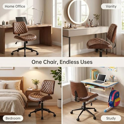 Furnimart Armless Small Desk Chair with Wheels, 360° Swivel Faux Leather Vanity Chair for Bedroom, Compact Home Office Task Chair for Small Spaces, Heavy-Duty Wood Frame(PU Brown) - color: Faux Leather-brown