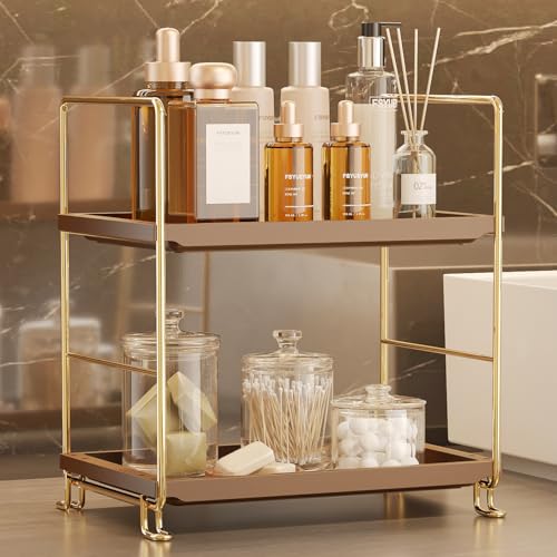 FSyueyun 2-Tier Bathroom Countertop Organizer, Makeup Organizer for Vanity | Gold Metal Frame with Browm Plastic Shelf, Tool-Free Setup, Bathroom Counter Organizer Tray for Skincare, Perfume, Cosmetics - color: Gold & Brown