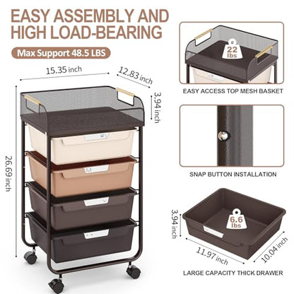 SYKIARIOL 4-Drawer Rolling Storage Cart with Mesh Top, Utility Craft Organizer Cart on Wheels with DIY Labels, Rolling Drawer Cart for Home Office Classroom Bedroom, Brown - color: Brown