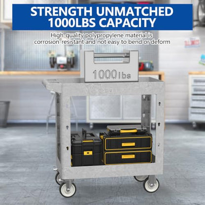Large Garage Plastic Utility Cart, Heavy Duty 2 Shelf Tool Cart Service Cart Rolling Push Carts with Ergonomic Handle 5" Swivel Casters. - color: Gray, size: 34 x 17 Inch