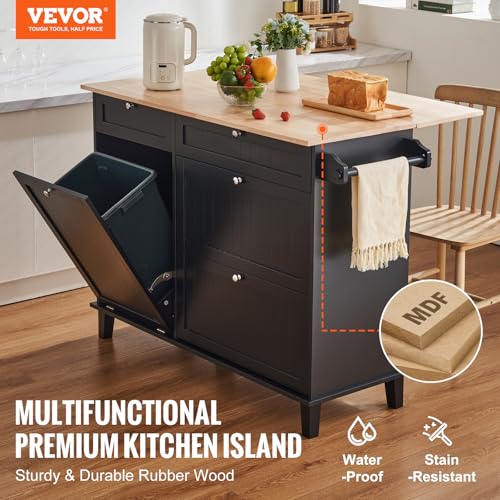 VEVOR Kitchen Island Cart, 50" Wood Top Breakfast Bar with Trash Cabinet Tilt Out 10 Gallon Storage, Farmhouse Dining Living Room Table with Drop Leaf, Towel Bar, Drawer, Black - size: 50"W (dropleaf)