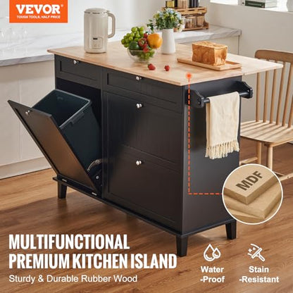 VEVOR Kitchen Island Cart, 50" Wood Top Breakfast Bar with Trash Cabinet Tilt Out 10 Gallon Storage, Farmhouse Dining Living Room Table with Drop Leaf, Towel Bar, Drawer, Black - size: 50"W (dropleaf)