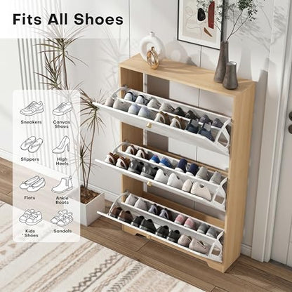 Nicetree Shoe Cabinet with 3 Flip Drawers，Freestanding Shoe Storage Cabinet, Narrow Shoe Organizer Cabinet, Farmhouse Slim Shoe Rack Cabinet for Entryway, Natural Oak and White with Hook - color: Natural Oak and White, style: 3-Drawers with Hook