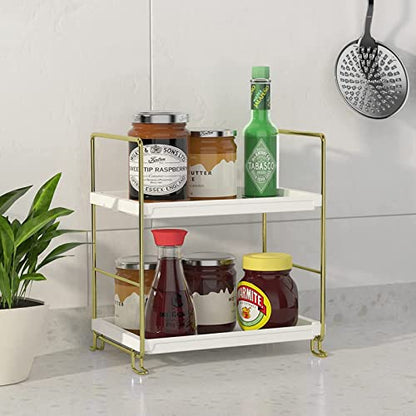 2-Tier Makeup Perfume Counter Organizer, Bathroom Countertop Shelf Vanity Bedroom Storage Tray,Kitchen Spice Rack Standing Shelf(Gold,White) - size: Square