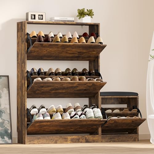 BORNOON Shoe Cabinet with Bench and 3 Flip Drawers, Slim Narrow Shoe Storage Cabinet, Freestanding Shoe Rack Organizer with Adjustable & Removable Shelves, Anti-Tip for Entryway, Hallway, Foyer - color: Brown, size: 3 Drawers-Bench