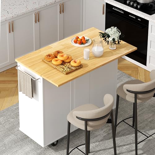 Shintenchi Kitchen Island with Folding Drop Leaf, Rolling Island Table with Storage, Kitchen Cabinet on Wheels with Seating Area for Kitchen, Bar Cart with Cabinet, White - color: White