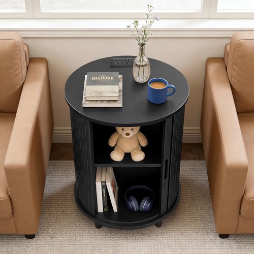DHH Round End Table with Storage & Charging Station, Fluted Accent Side Table with Sliding Door & Adjustable Shelf, Mid-Century Nightstand for Small Spaces, Living Room, Bedroom (1, Black) - color: Black
