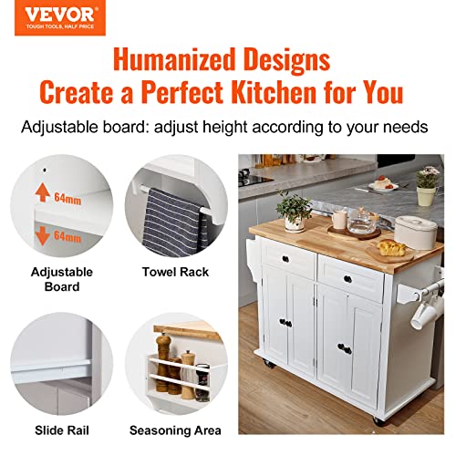 VEVOR Kitchen Island Cart with Solid Wood Top, 35.4" Width Mobile Carts with Storage Cabinet, Rolling Kitchen Table with Spice Rack, Towel Rack, and Drawer, Portable Islands on Wheels, White | Rolling Kitchen Table with Storage Cabinet, Spice Rack, Towel