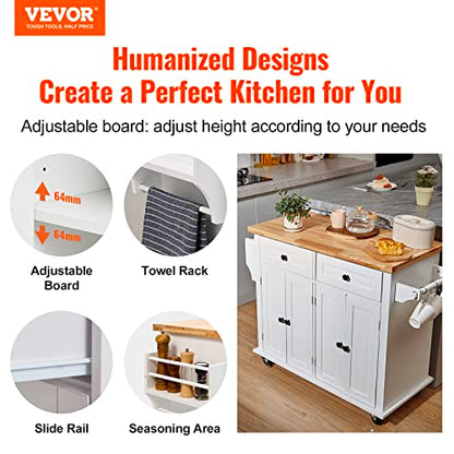 VEVOR Kitchen Island Cart with Solid Wood Top, 35.4" Width Mobile Carts with Storage Cabinet, Rolling Kitchen Table with Spice Rack, Towel Rack, and Drawer, Portable Islands on Wheels, White | Rolling Kitchen Table with Storage Cabinet, Spice Rack, Towel