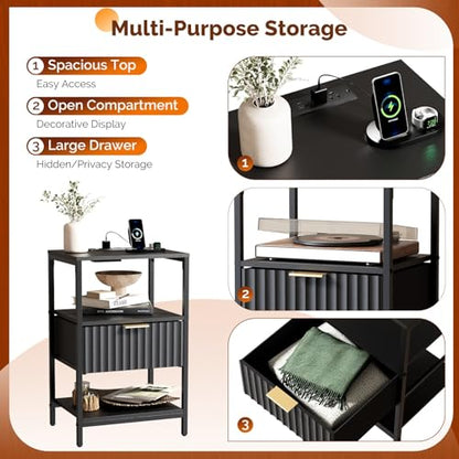 VINGLI Nightstands Set of 2 with Charging Station and Fabric Drawer, Fluted Nightstand/Bed Side Table/End Table for Bedroom, Black Night Stand Small, Bedside Table with Charging Station, 2 pcs - color: Black, size: 15"W-1 Drawer 2 Shelf