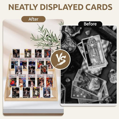 Wooden Trading Card Display Stand – 5-Tier Card Display Holder for 35pt Magnetic Cases, Graded Tabletop Display Stand,Sports PSA Card Show Display Case for Baseball, Football Cards Collection(Natural)