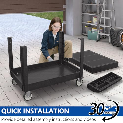 Large Garage Flat Top Utility Cart, Heavy Duty 2 Shelf Tool Cart Service Cart Rolling Push Carts with Ergonomic Handle 5" Swivel Casters - color: Black, size: 46 x 25 Inch