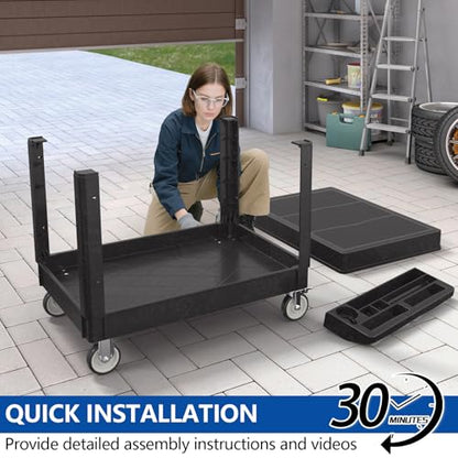 Large Garage Flat Top Utility Cart, Heavy Duty 2 Shelf Tool Cart Service Cart Rolling Push Carts with Ergonomic Handle 5" Swivel Casters - color: Black, size: 46 x 25 Inch