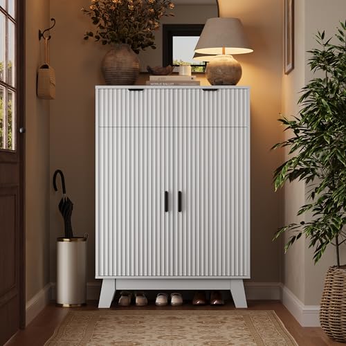 Fluted Shoe Cabinet, 4-Tier Mid Century Modern Narrow Shoe Storage Cabinet with Doors & 2 Drawers, Adjustable Shelves, Freestanding Hidden Shoe Rack Organizer & Wooden Legs for Entryway - color: White, style: 2 Doors & 2 Drawers
