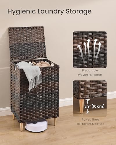 SONGMICS 2-Section Laundry Hamper with Lid, 29 Gal (110L) PE Rattan Laundry Basket with Removable Washable Liners, for Bedroom & Living Room, Chestnut Brown ULCB222ME01 - color: Chestnut Brown, size: 110 L (2 Basket)
