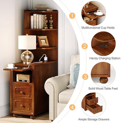 Solid Wood End Table with Charging Station and Reversible Corner Shelves, Tall Narrow Side Table with Drawers, USB Ports and Outlets for Living Room and Bedroom, Walnut