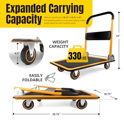 MaxWorks Foldable Platform Truck Push Dolly 330 lb Capacity 28.75" x 18.75" x 33" Heavy‑Duty Utility Cart with Fold Down Handle for Home Garage Warehouse and Workshop Use (80876)