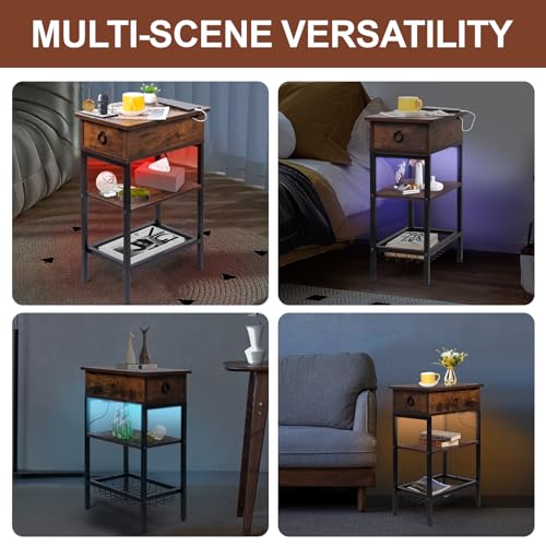 Narrow Nightstand with LED Light, End Tables Bedroom with Charging Station, LED Side Table Living Room with Drawer Storage, Small Bedside Table with Ports and Outlets for Gaming Room - color: Rustic Brown With Light, style: Modern