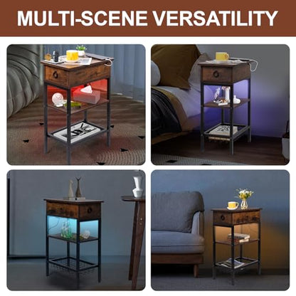 Narrow Nightstand with LED Light, End Tables Bedroom with Charging Station, LED Side Table Living Room with Drawer Storage, Small Bedside Table with Ports and Outlets for Gaming Room - color: Rustic Brown With Light, style: Modern