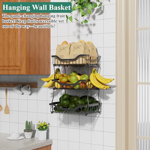 OKZEST 3-Tier Fruit Basket Fits Under Standard Upper Cabinet, 17.2" Tall | 2-In-1 Wall Mount & Countertop. Stackable Kitchen Organizer with Banana Hanger, Hold Potato, Onion, Bread, Snack, Can, Veggie - size: 3-Tier