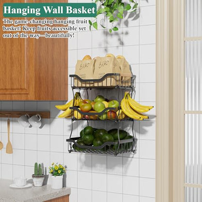 OKZEST 3-Tier Fruit Basket Fits Under Standard Upper Cabinet, 17.2" Tall | 2-In-1 Wall Mount & Countertop. Stackable Kitchen Organizer with Banana Hanger, Hold Potato, Onion, Bread, Snack, Can, Veggie - size: 3-Tier