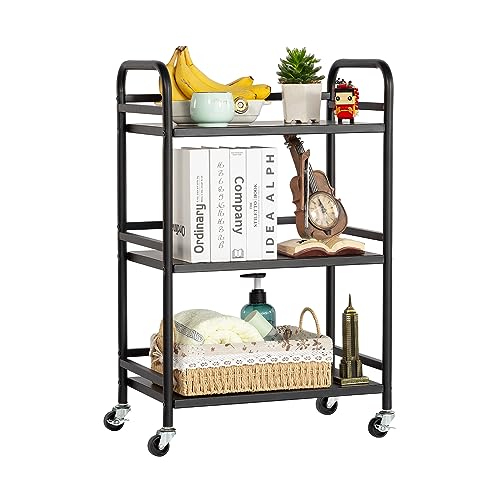 HDANI 3 Tier Rolling Cart Shelves,Heavy Duty Multifunctional Metal Frame-Supports 22 Lbs Per Tier,Rolling Cart with 2 Lockable Wheels for Home,Office,Kitchen,Bathroom,Bedroom,Black - color: Black, size: Small