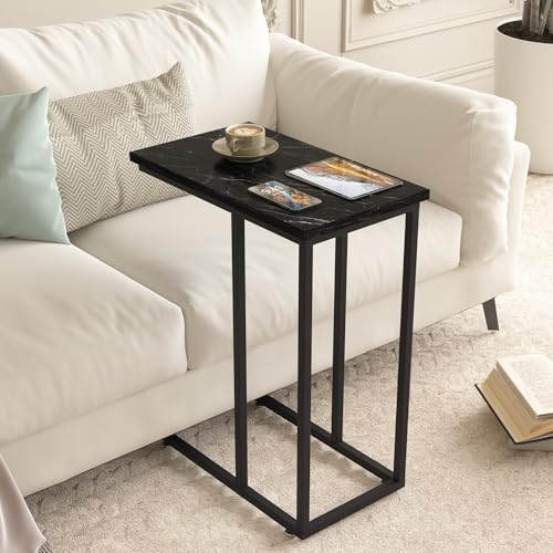 VECELO Universal C-Shaped Side Table, Multi-Functional Snack & TV Tray for Living Room, Bedroom, Black Marble (1 Set) - color: Black Marble, size: 1 Set