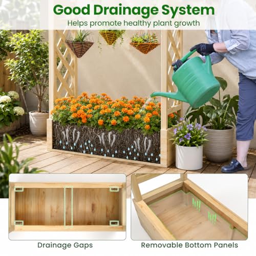 Giantex Raised Garden Bed with Trellis & Hanging Roof, Wooden Elevated Planter Box with Drainage Hole, Freestanding Gardening Planter Raised Bed for Flowers Herbs Climbing Plants Vines, 44”x14”x45” - color: Natural, size: 44”x14”x45”